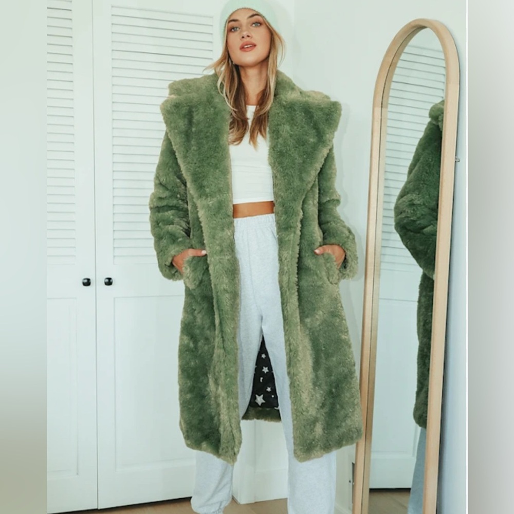 Avec Les Filles Sage Green Faux Fur Long Coat